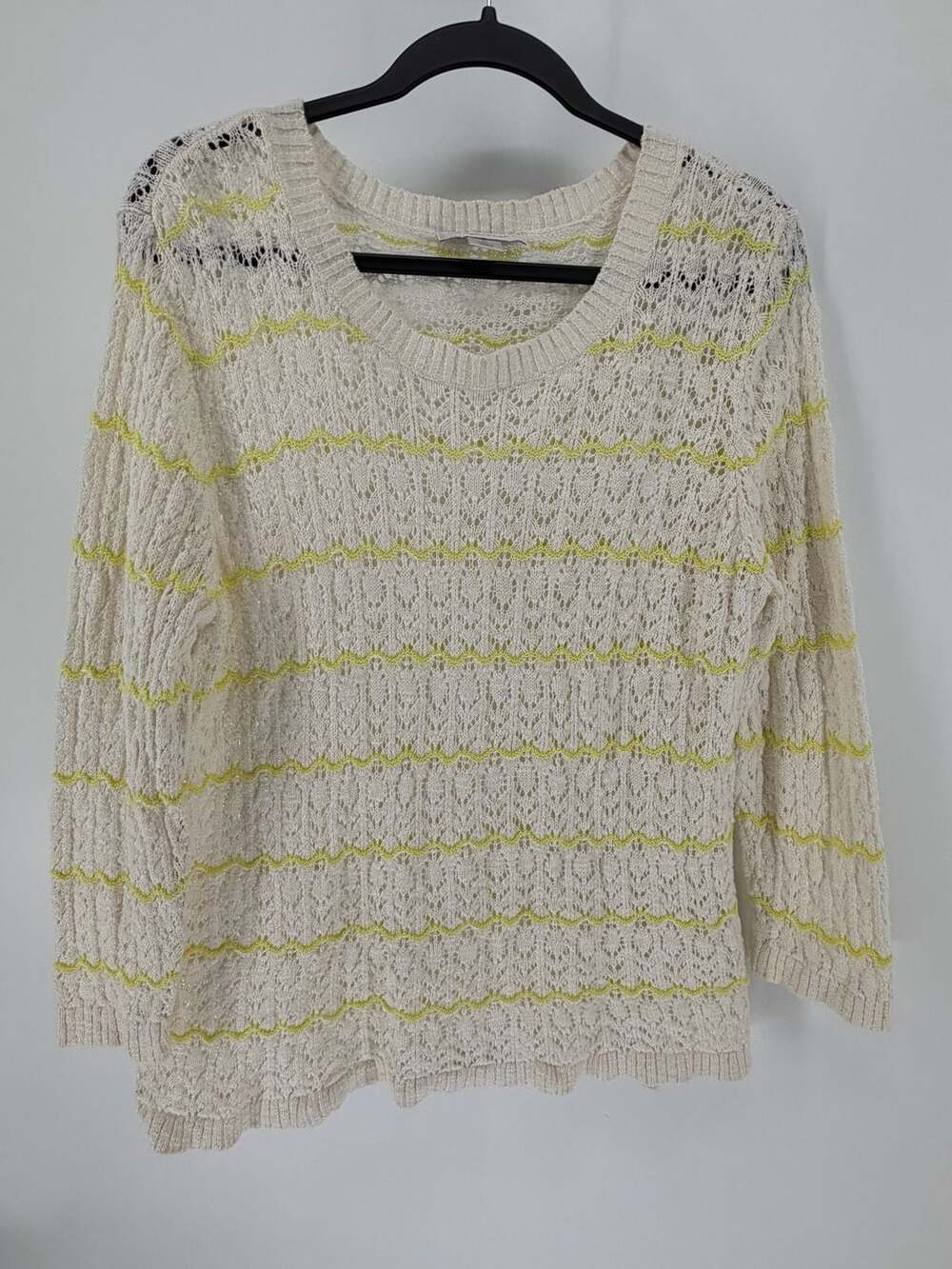 Christopher & Banks XL Open Knit Crochet Sweater Cream Yellow Stripe Cottagecore